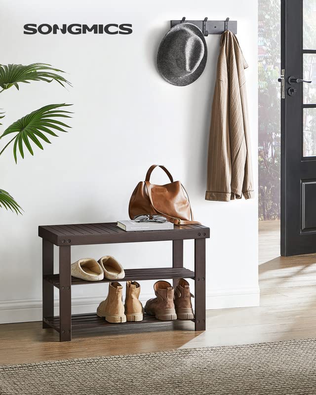 SONGMICS Shoe Rack Bench, 3-Tier Bamboo Shoe Storage Organizer, Entryway Bench, Holds Up to 286 lb, 11.3 x 27.6 x 17.8 Inches, for Entryway Bathroom Bedroom, Brown ULBS04Z - color: Brown, size: 27.6"W