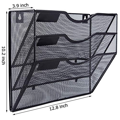 EASEPRES 3 Pocket Mesh Hanging Wall File Organizer, Wall Mounted Mail Paper Document Folder Holder, Clipboard Storage Organization Magazine Rack with Nametag Label for Office Home School, Black - color: Black, size: 3 Tier