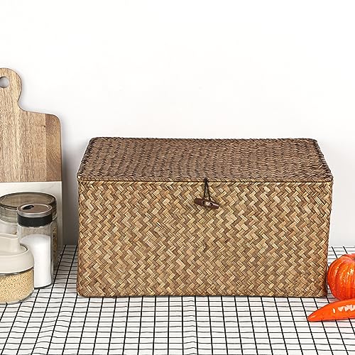 Hipiwe Wicker Shelf Baskets Bin with Lid, Handwoven Seagrass Basket Storage Bins Rectangular Household Basket Boxes for Shelf Wardrobe Home Organizer, Coffee X-Large - color: Coffee, size: X-Large