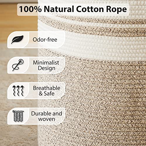 Large Laundry Hamper, Tall Woven Storage Basket for Blankets, Cotton Baby Nursery Hamper, Toys and Dirty Clothes in Bedroom and Living Room Organizing - 58L Brown & White - color: Brown & White, size: Tall(58L)