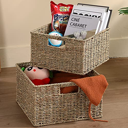 HOONEX Wicker Storage Baskets for Organizing, Decorative Woven Seagrass Baskets for Storage with Carrying Handles, Set of 2, Natural - color: Natural (Seagrass), size: 13 x 13 x 7.5 inches