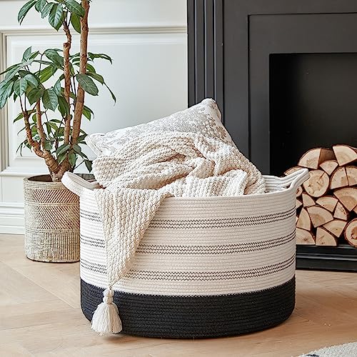 R RUNKA XXXLarge Cotton Rope Basket 22" X 22"X 14" Blanket Basket for Living Room Woven Basket Soft Baby Laundry Blanket Basket Nursery Bin Toy Basket with Handle White+Black - color: White+Black