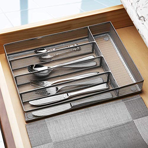 JANE EYRE Drawer Organizer, Cutlery Tray Silverware Flatware Storage Divider for Kitchen, Mesh Wire with Non-slip Foam Feet, 5 Component, Silver - color: Silver