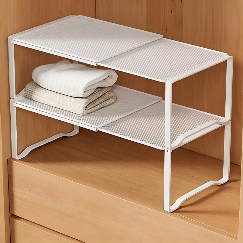 Extendable Dense Mesh Metal Shelf - 15-24.4in Adjustable Stackable Organizer for Kitchen, Bathroom, Shoe Cabinet & Tool Closet, Dust-Proof Small Item Friendly Storage Rack (2 Piece, White) - color: White, size: 2 Piece