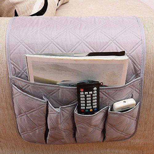 Waterproof Armrest Covers Sofa Arm Organizer with 5 Pockets for Tablet Magazines TV Remote Holder, Non-slip Recliner Couch Armchair Slipcover Furniture Sofa Arm Protector Storage Caddy Pouch - color: Grey