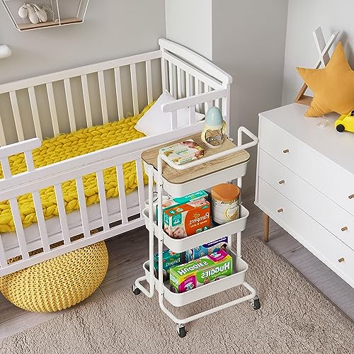 DTK 3 Tier Rolling Utility Cart with Cover Top Board, Movable Kitchen Storage Cart Trolley with Lockable Wheels, Cups, Hooks for Kitchen Bathroom Home Office Art Craft Storage and Organization(White) - color: White, size: Medium