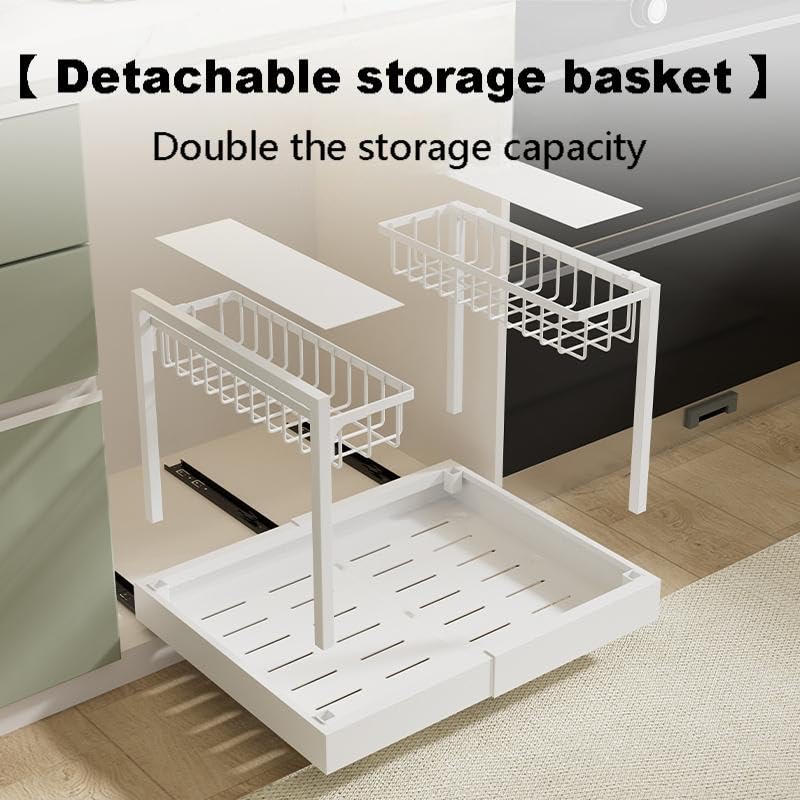 Under Cabinet Organizer Rack, White Metal 2-Tier Storage Shelf, Expandable 32-52cm Width, Modern Style, Kitchen Counter Organization with Hardware