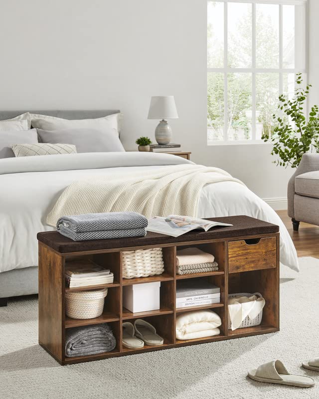 VASAGLE CUSTOS Collection - Storage Bench, Entryway Bench with Cushion, Drawer and Open Compartments, Bench with Storage, Living Room, Bedroom, Closet, Rustic Brown and Chestnut Brown ULHS024T01 - color: Rustic Brown + Chestnut Brown