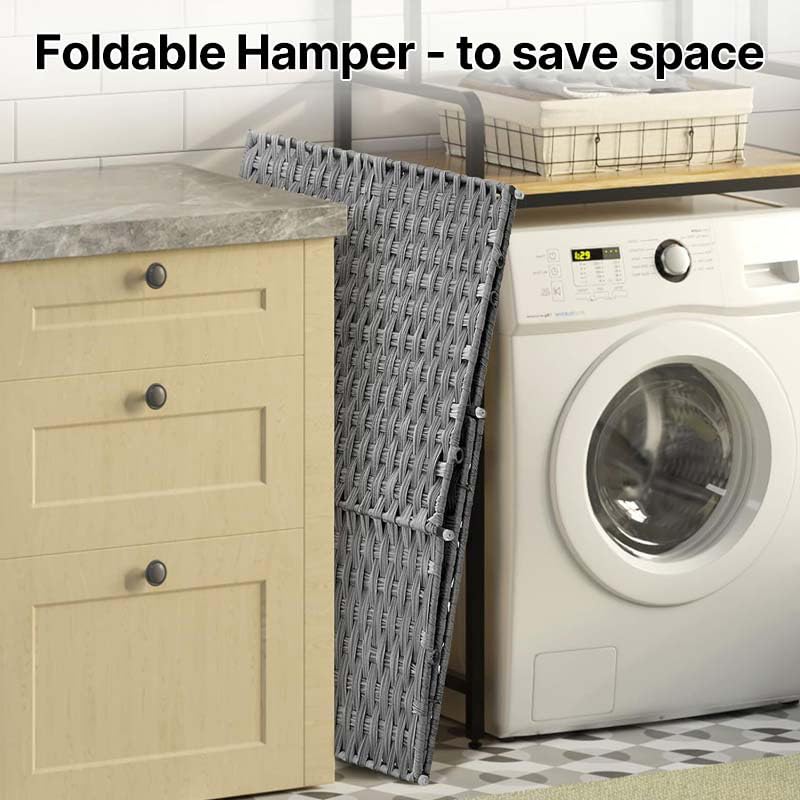 Greenstell Laundry Hamper with 2 Removable Liner Bags - 90L Divided Clothes Hamper, Handwoven Synthetic Rattan Foldable Laundry Basket with Lid and Handles Gray (18.3x13.3x24.0Inches) - color: Gray, size: 90L (18.3x13.3x24.0 Inches)