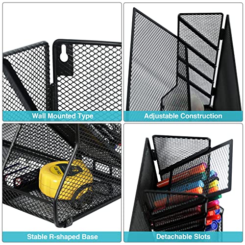 Jakyitvi File Organizer Wall Mounted, 4 Tiers Durable Adjustable Metal Desk Organizer, Desktop Hanging File Holder with 4 Pen Slots Stable, 4 Pull-Out Divider for File, Mail, Black, Patent Pending - size: 5 Tier & Metal