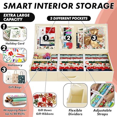Simple Houseware 41.5" Wrapping Paper Storage Organizer - Fits 40 Rolls with Adjustable Straps, Interior Divider for Ribbons & Bows, 3 Clear Pockets for Gift Bags & Tools, 41.5''L x 16''W, Beige - color: Beige