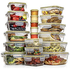 Razab 35 Pc Set Glass Food Storage Containers with Lids - Meal Prep Airtight Bento Boxes BPA-Free 100% Leak Proof (15 lids,15 glass & 5 Plastic Sauce/Dip Containers) - color: Gold