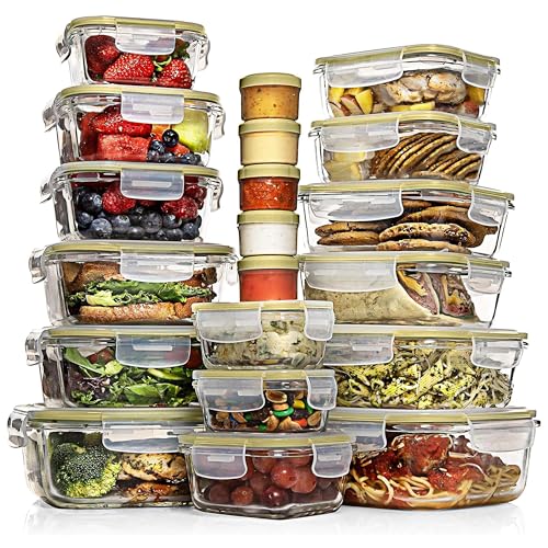 Razab 35 Pc Set Glass Food Storage Containers with Lids - Meal Prep Airtight Bento Boxes BPA-Free 100% Leak Proof (15 lids,15 glass & 5 Plastic Sauce/Dip Containers) - color: Gold