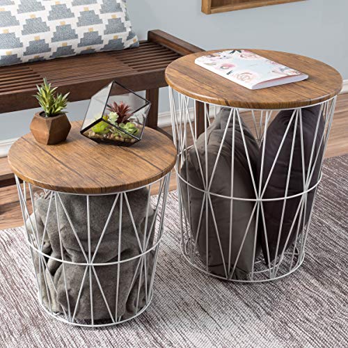 End Tables Set of 2 - Nesting Tables with Removable Wood Tops and Metal Wire Baskets for Blanket Storage - Round Side Furniture for Living Room, Bedroom, or Home Office by Lavish Home (Brown/White) - color: White Diamond