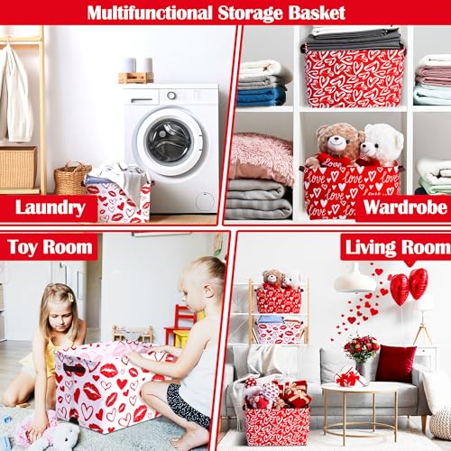 Geelin 3 Pcs Valentines Day Storage Baskets Red and White Heart Valentines Basket for Gifts Collapsible Waterproof Canvas Bin Organizer with Handles for Book Closet Shelf Nursery Decor - style: Valentine Red and White