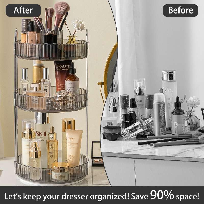 shuang qing Rotating Makeup Organizer for Vanity, High-Capacity Skincare Clear Make Up Storage Perfume Organizers Cosmetic Dresser Organizer Countertop 360 Spinning (Gray, New-3 Tier) - color: Gray, size: New-3 Tier