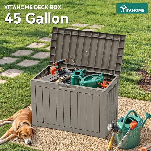 YITAHOME Outdoor Storage Box, 45 Gallon Waterproof Resin Deck Box, Lockable Organizer for Patio, Poolside, Deck, Cushions, Throw Pillows, Garden Tools, Brown - color: Taupe, size: 45 Gallon, style: Deck Box