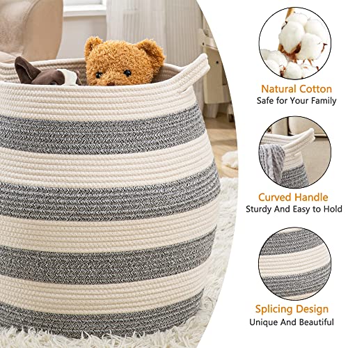 KAKAMAY Woven Baskets for Storage(17"x17"),Large Cotton Rope Basket Woven Baby Laundry Hamper,Collapsible Laundry Basket, Blanket Basket for Organizing Living Room,Nursery,Pillows,Toy Chest(Grey) - color: Grey and White