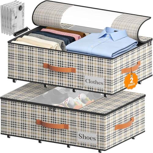 2-Pack Under Bed Storage Bins with Wheels and 4 Vacuum Seal Bags, Heavy Duty 80lbs Capacity,7.9" Height Clear Lid Organizer for Dorm Bedroom Clothes Shoes Toys,Quick Assembly Space Saver Houndstooth - color: Houndstooth, size: 7.9 inches