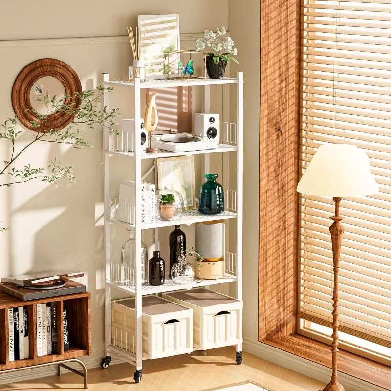 Folding Shelves No Assembly, 5 Tier Heavy Duty Foldable Storage Shelves with Wheels, 220LBS Per Shelf Metal Collapsible Rack for Garage Pantry, White - color: White/5-tier