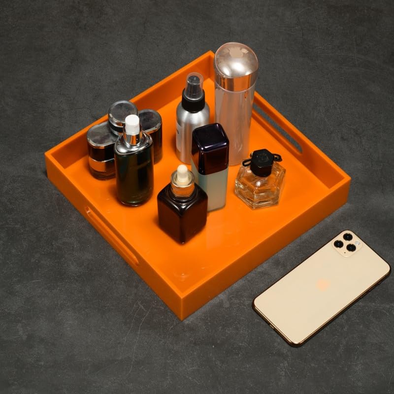 KEVLANG Orange Sturdy Acrylic Serving Tray with Handles-10x10Inch-Serving Coffee,Food,Breakfast,Butler-Kitchen Countertop Tray-Makeup Drawer Organizer-Vanity Table,Ottoman Tray-Decorative Tray - color: Glossy Orange, size: 10" x 10" x 2"