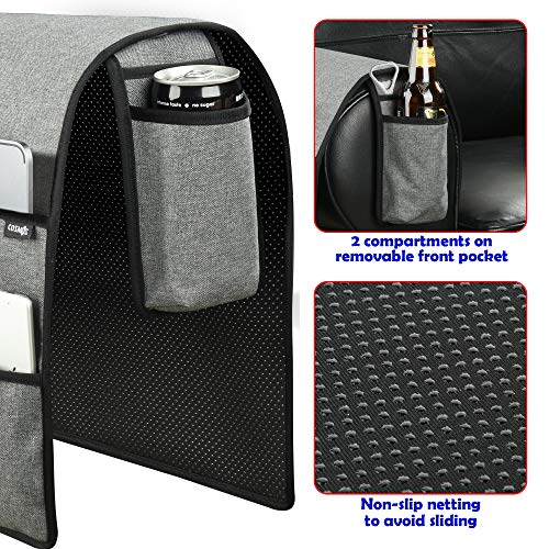 Sofa Armrest Organizer Couch Remote Holder, Sofa Caddy Bedside Organizer Recliner Armchair Accessory for iPad Tablet Phone Magazines in Home Bedroom Office Hotel, 5 Pockets with Font Side Drink Holder
