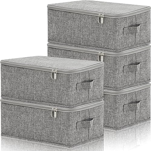 Soaoo 5 Pcs Fabric Storage Bins with Zipper Lids and Handle 15 x 10 x 6'' Rigid Collapsible Washable Wardrobe Storage Boxes Stackable Foldable Closet Organizer Containers Cubes, Gray