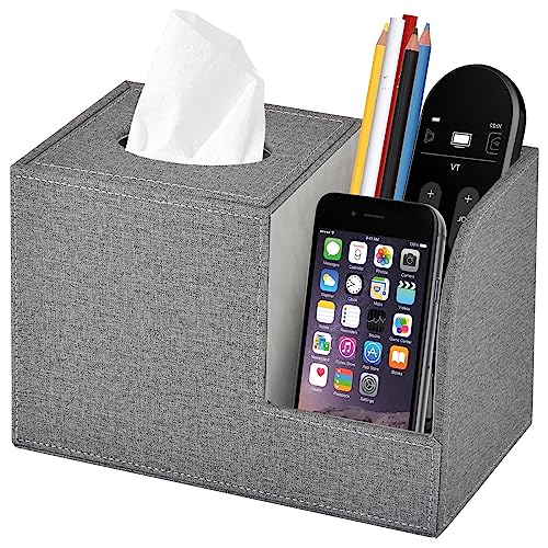 Square Tissue Box Cover Organizer,PU Leather Cube Tissue Box Holder with 2-Compartment Storage Box,Tissue and Remote Control Holder,Decorative Tissue Box Bedroom NightStand Office Tabletop,Grey - color: Grey
