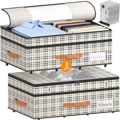 2-Pack Under Bed Storage with Wheels and 6 Vacuum Seal Bags, Adjustable Height 7.9"-10.2",Heavy Duty Capacity, Clear Lid Organizer for Dorm Bedroom Clothes Shoes Books,Quick Assembly Space Saver - color: Houndstooth, size: 10.2 inches