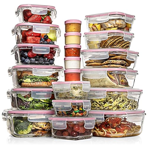 Razab 35 Pc Set Glass Food Storage Containers with Lids - Meal Prep Airtight Bento Boxes BPA-Free 100% Leak Proof (15 lids,15 glass & 5 Plastic Sauce/Dip Containers) - color: Pink