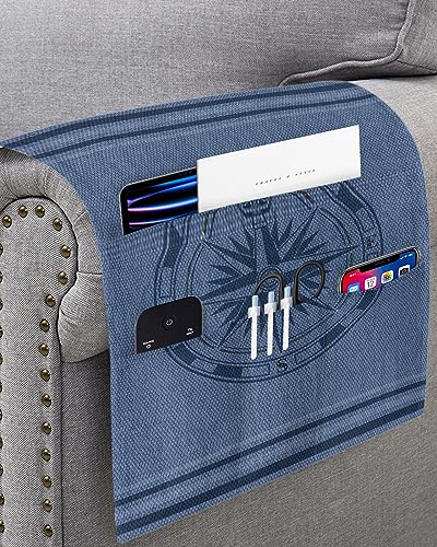Sofa Armrest Organizer Bedside Caddy, Nautical Compass Non Slip Couch Remote Control Holder for Recliner, Navy Blue Striped Coastal Compass Arm Chair Caddy with Pocket for Magazine, Phone, 13"x35" - size: 13x35 in