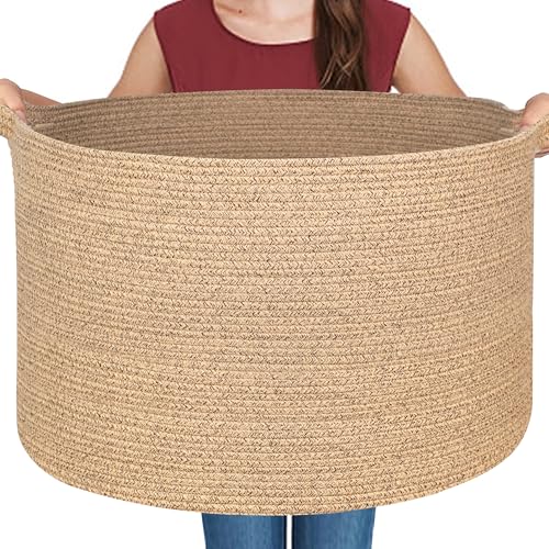MEGASKET Large Wicker Storage Basket, 22” X 22” X 14” Woven Cotton Rope Basket, Kids Dog Toy Bin Organizer, Blanket Pillow Holder for Living Room, Brown Variegated Wicker Baskets for Organizing - color: Brown Variegated, size: 22"x22"x14"