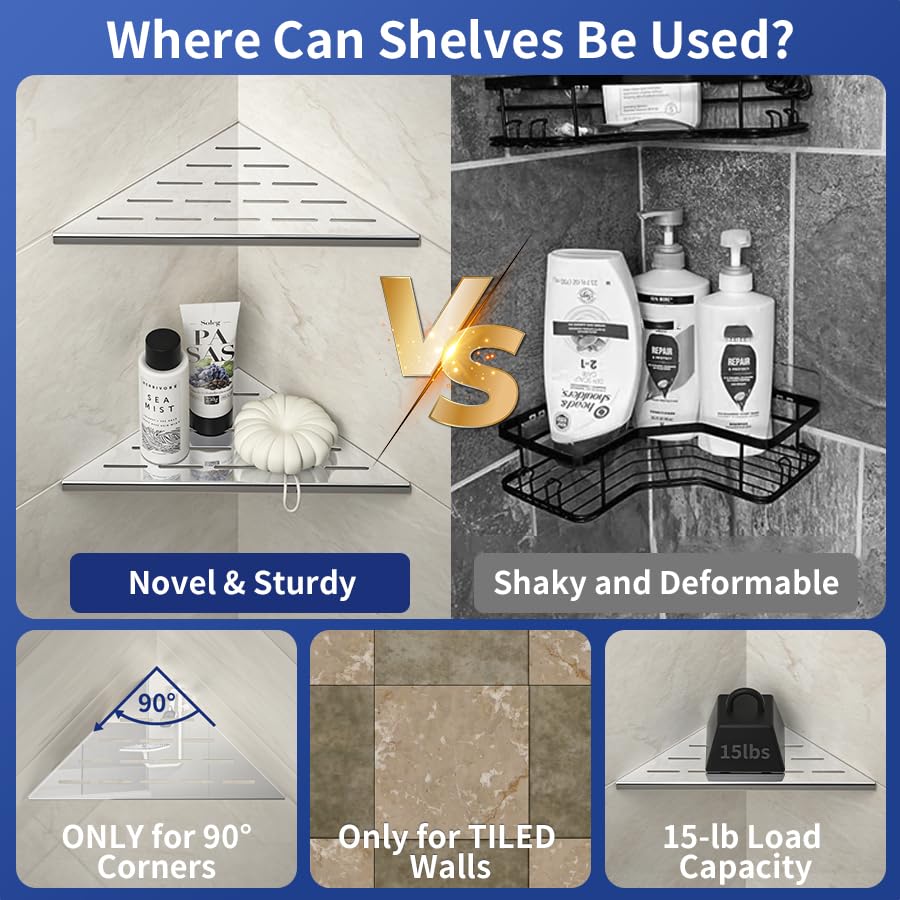 Corner Shower Shelf 10" Polished 304 Stainless Steel Recessed Corner Shelves with Slot Design Bathroom Grout in Shelf for Tiled Wall, 2 Pack - color: Polished, size: 10"-2 Pack