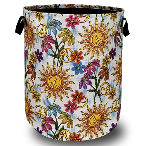 Colorful Hippie Peace Flowers Laundry Basket Foldable With Handles Tote Bag Oxford Cloth Funny Laundry Hamper Clothes Storage Bucket Toy Organizer For Bathroom/Laundry/Bedroom 18.9"x16.5 " - color: Colorful Hippie Peace Small Flowers Floral