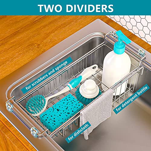 Over The Kitchen Sink Caddy Sponge Holder Organizer Drying Rack Expandable for Sponge Brush Soap Dish Cloth Rag 14.5" to 22", Stainless Steel - size: 14.5" to 22"