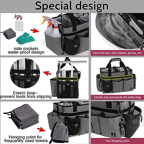 Large Cleaning Caddy Bag Built-in Sturdy Support Board, Cleaning Organizer with Detachable Divider, Cleaning Supply Tote with Adjustable Shoulder Strap&Waist Belt for Cleaners & Housekeeper - color: Grey