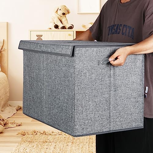 122L Large Toy Chest Box with Lid, Foldable Toy Storage Organizer Bin Boxes with Removable Divider for Kids, Boys, Girls, Nursery, Playroom, 26"x17" x17"(Linen Gray) - color: Extra Large Grey