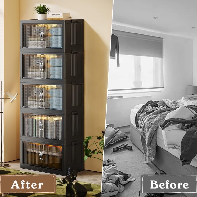 SAILUN 145Gal/580Qt Collapsible & Stackable Storage Bins with Door & a Lid,Perfect for Blanket Storage, Pillow Organizer, Bedroom Closet & Living Room, Black 26" W x 17" D x 71" H - color: Black, size: 1 Lid 5 Pack-26" W x 17" D x 71" H