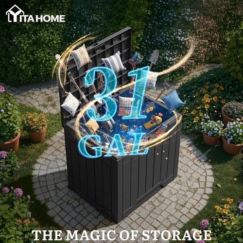 YITAHOME 31 Gallon OutdoorDeck Box, Lockable Resin Storage Box and Waterproof Package Delivery Box for Patio, Garden, Poolside, Cushions, Supplies & Sports Gear, Black - color: Black, size: 31 Gallon, style: Deck Box