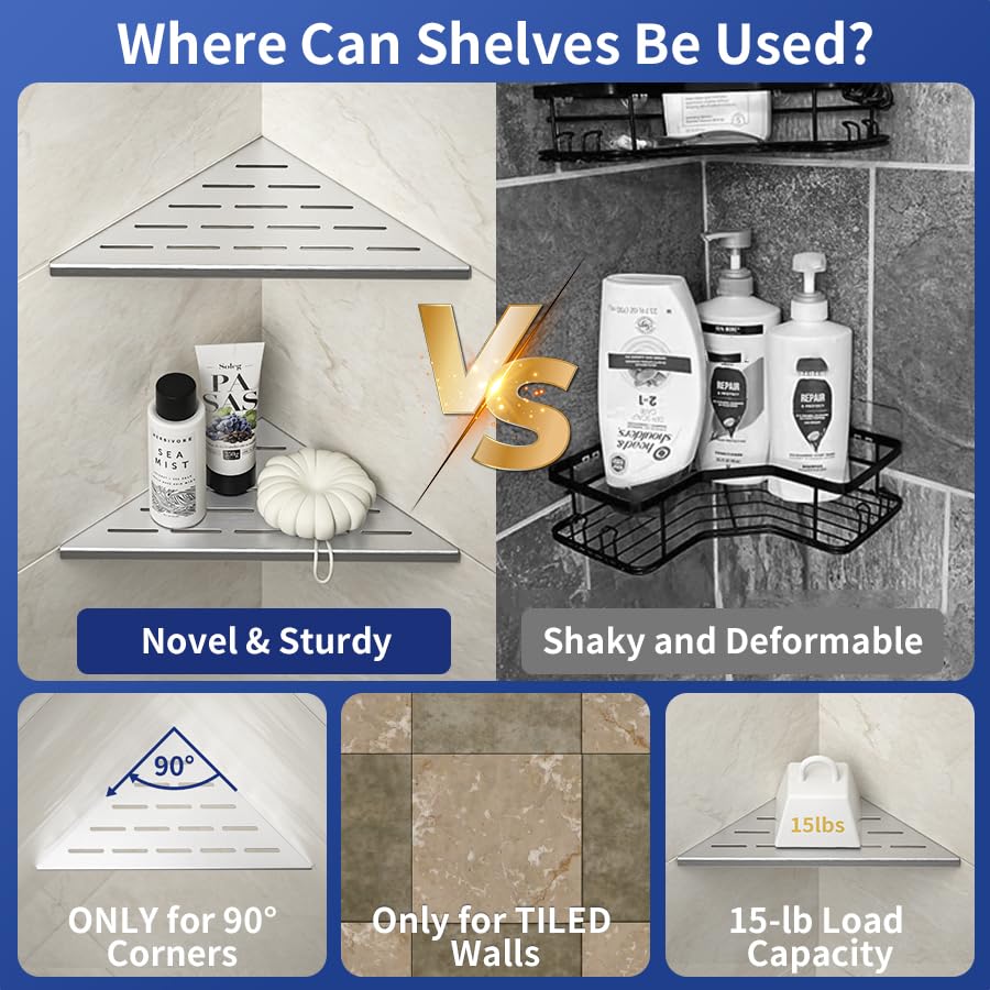 Corner Shower Shelf 10" Brushed 304 Stainless Steel Slot Design Recessed Corner Shelf Bathroom Grout in Shelf for Tiled Wall - color: Brushed, size: 10"