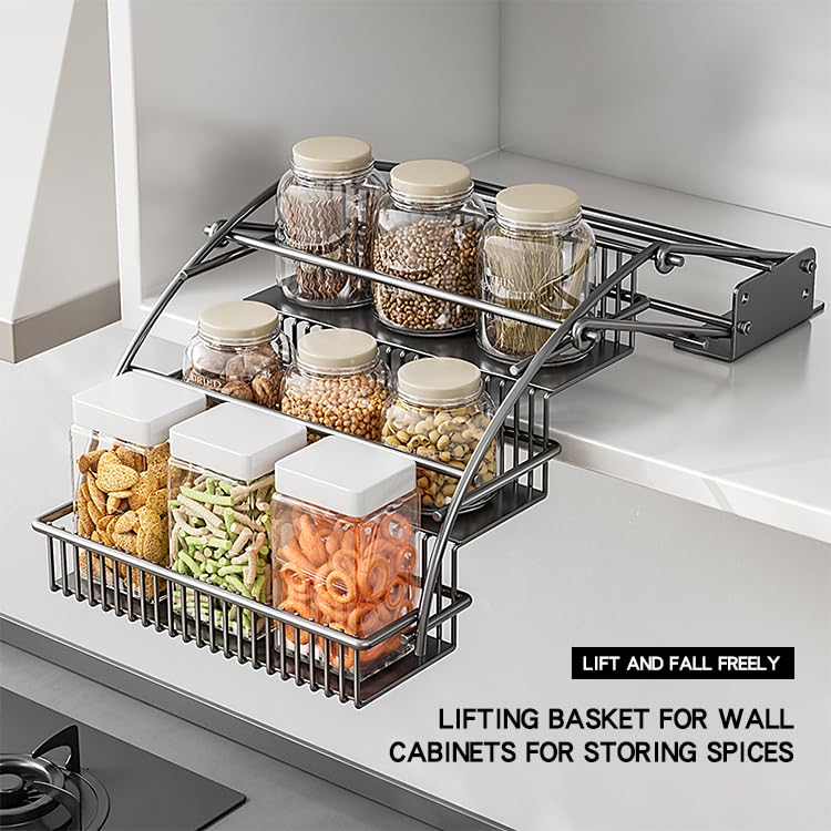 3-Tier Pull Down Spice Rack Organizer for Inside Cabinet Pantry Expandable Display Riser Shelf Kitchen Seasoning Shelf(27.5cm/10.8in) - size: 27.5 cm/10.8 in/Gun