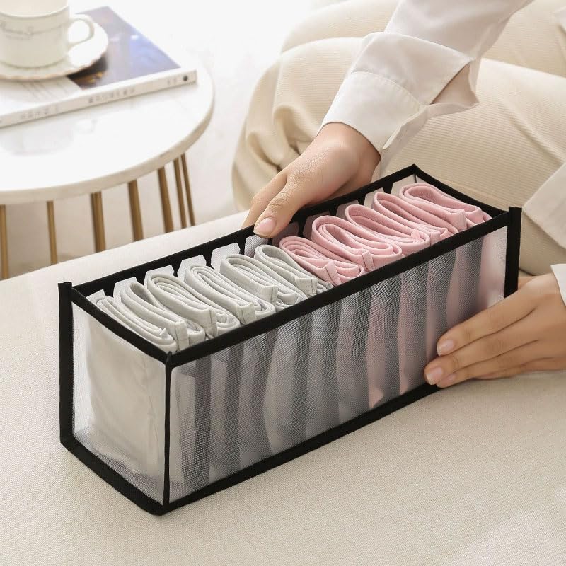Socks Drawer Organizer Dividers, Foldable 11 Cell Drawer Organizers, Mesh Clothing Organizer Box for Socks Underwear,Black - color: Black