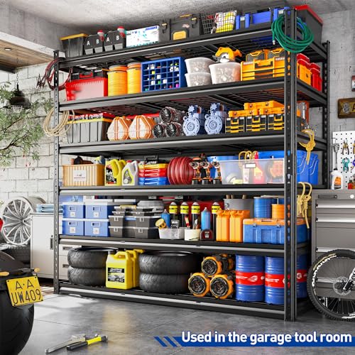 REIBII 78"H x 55"W Garage Shelving, 3300LBS Heavy Duty Shelving, Rivet 6-Tier Adjustable Metal Garage Storage Rack, Industrial Shelving with Reinforced Mesh, for Warehouse Basement Commercial, Black - size: 55.1"Wx17.7"D x 77.9"H