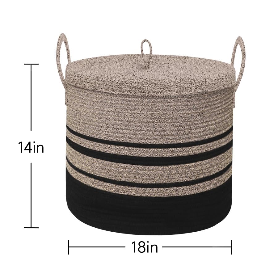 Extra Large Woven Basket with Lid, 18" X 14" Wicker Blanket Storage Basket Living Room, Tall Rope Storage Baskets for Toys, Decorative Kids Toy Bin Box with Cover, Baby Laundry Basket Hamper - color: Jute/Black