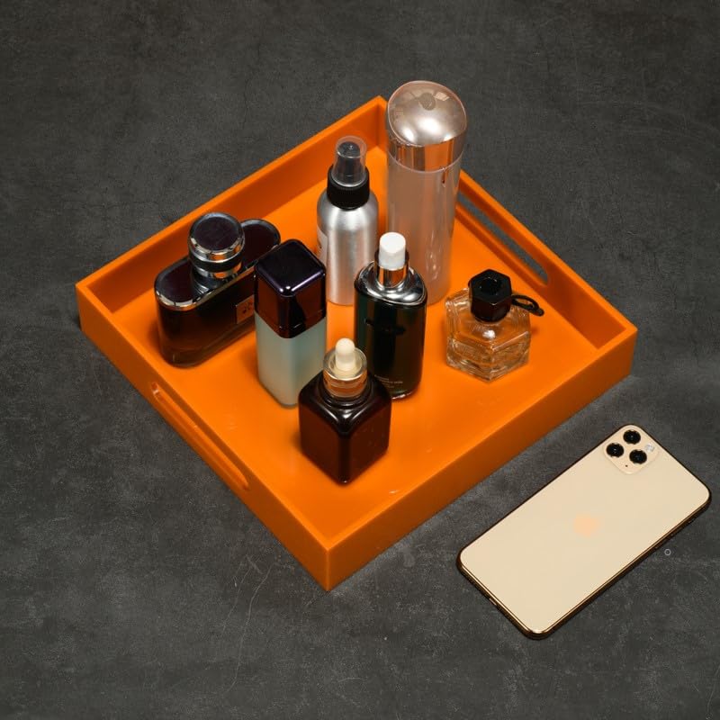 KEVLANG Orange Sturdy Acrylic Serving Tray with Handles-12x12Inch-Serving Coffee,Food,Breakfast,Butler-Kitchen Countertop Tray-Makeup Drawer Organizer-Vanity Table,Ottoman Tray-Decorative Tray - color: Glossy Orange, size: 12" x 12" x 2"