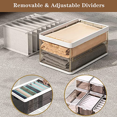 Stackable Wardrobe Clothes Organizer, Jeans Compartment Plastic Storage Box with Detachable Dividers lid, Wardrobe Clothes Cabinet for Toys Snacks Books, Clear Brown (9 Grids)