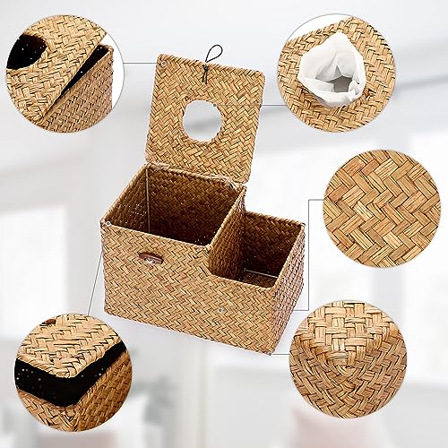 Sumnacon Square Woven Tissue Box Cover - Decorative Cube Tissue Box with Side Organizer, Rustic Seagrass Tissue Holder for Living Room Vanity Night Stand Table Countertop Office,Caramel - color: Caramel