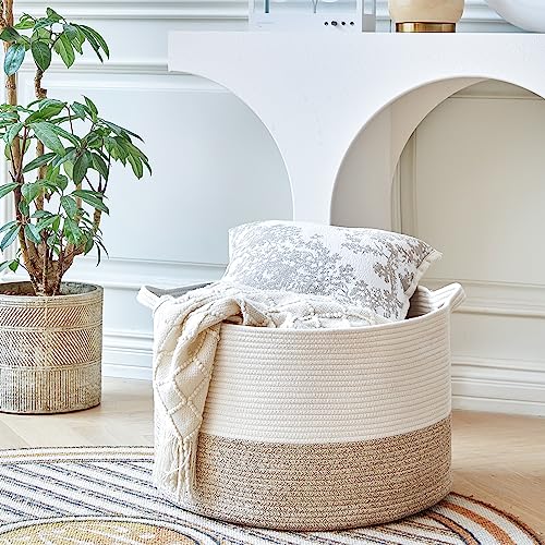 R RUNKA Extra Large Cotton Rope Basket 22" x 14" - Toy Basket for Kids -Blanket Basket for Living Room - Woven Baskets for Storage - color: White + Beige