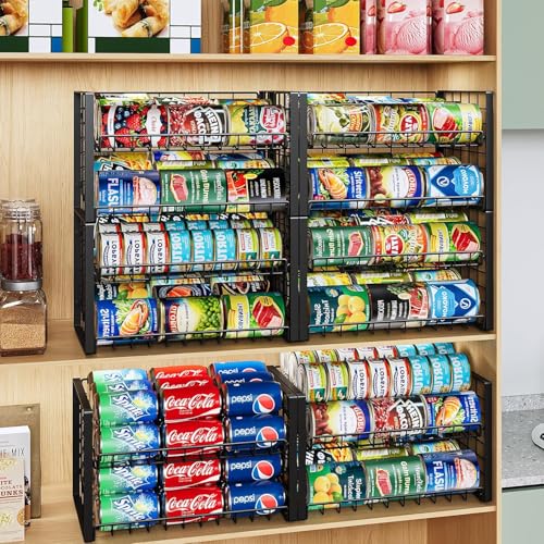JKsmart 2-Tier Stackable Rack Organizer for Pantry, Adjustable Dispenser Holds Up to 120 Cans, Storage Holder for Various Ounces of Canned Drinks, Black, 4 Pack - size: 2-Tier - 4 Pack