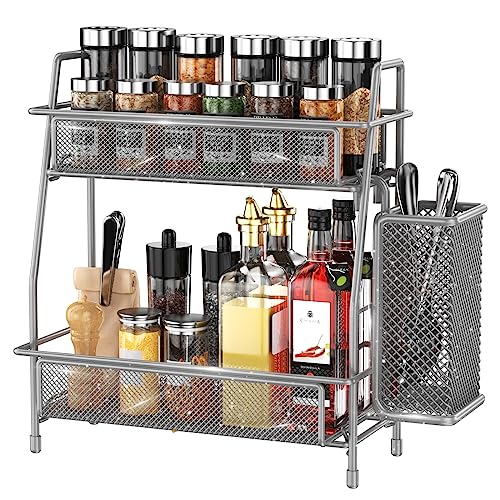 LEMIKKLE Spice Rack Organizer for Kitchen Counter, Spices Organizer and Storage Seasoning Organizer for Cabinet, Kitchen Metal Countertop Organizer with Side Basket (Grey) - color: Grey (Size: 7" x 12" x 13")